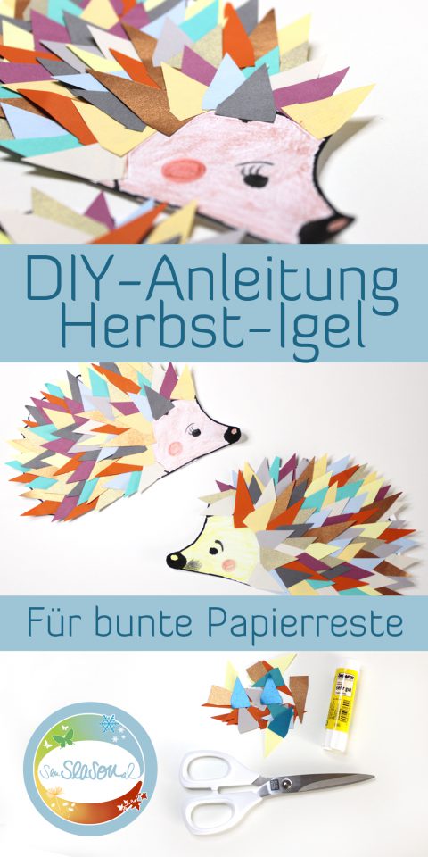 DIY-Anleitung für einen bunten DIY-Igel aus Papierresten. Tolle Restverwertung für den Bastelnachmittag im Herbst.